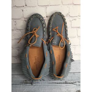 Vintage Minnetonka Moccasins Slip on Unisex Teal ‎ Fringe Men 10 Women-12 Tribal